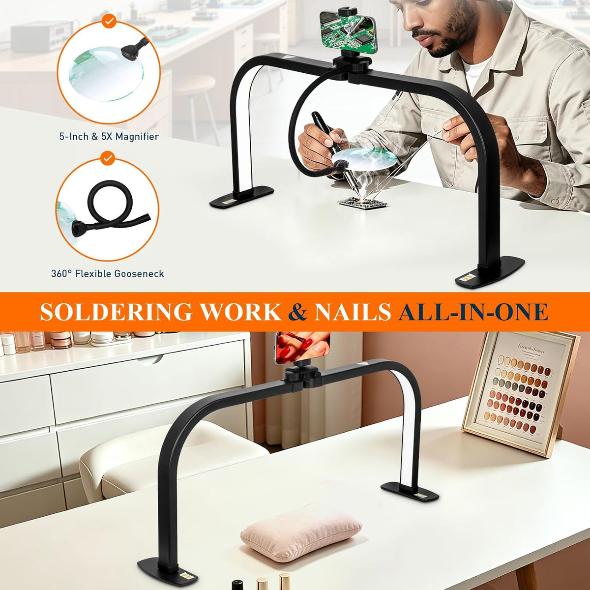Half Moon Nail Light for Desk with 5X Magnifier & Phone Holder