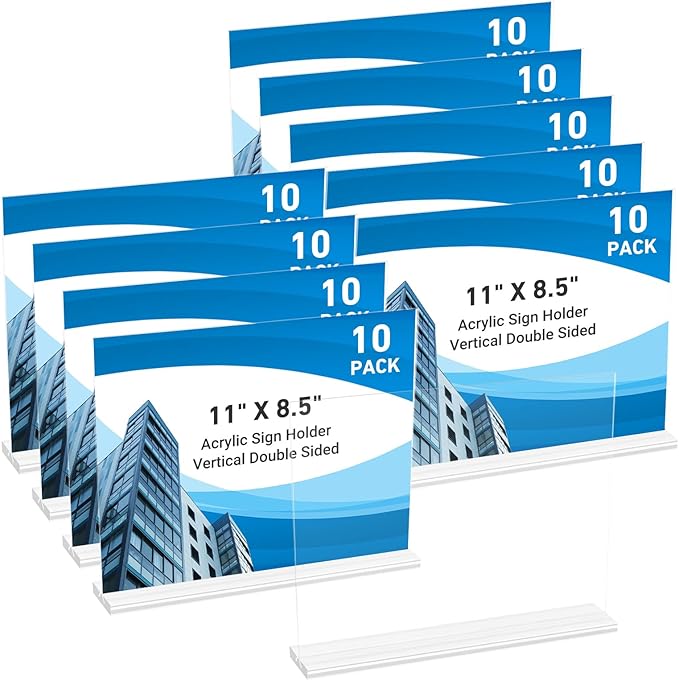 10 Pack Acrylic Sign Holder 11 x 8.5 Horizontal, Double-Sided Clear Sign Holder by DECOHOBO