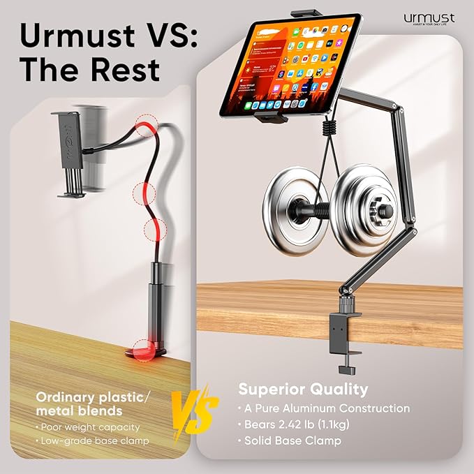 Urmust Tablet Stand for Desk, Adjustable iPad Holder Clamp Mount, 360° Rotation - Image 7