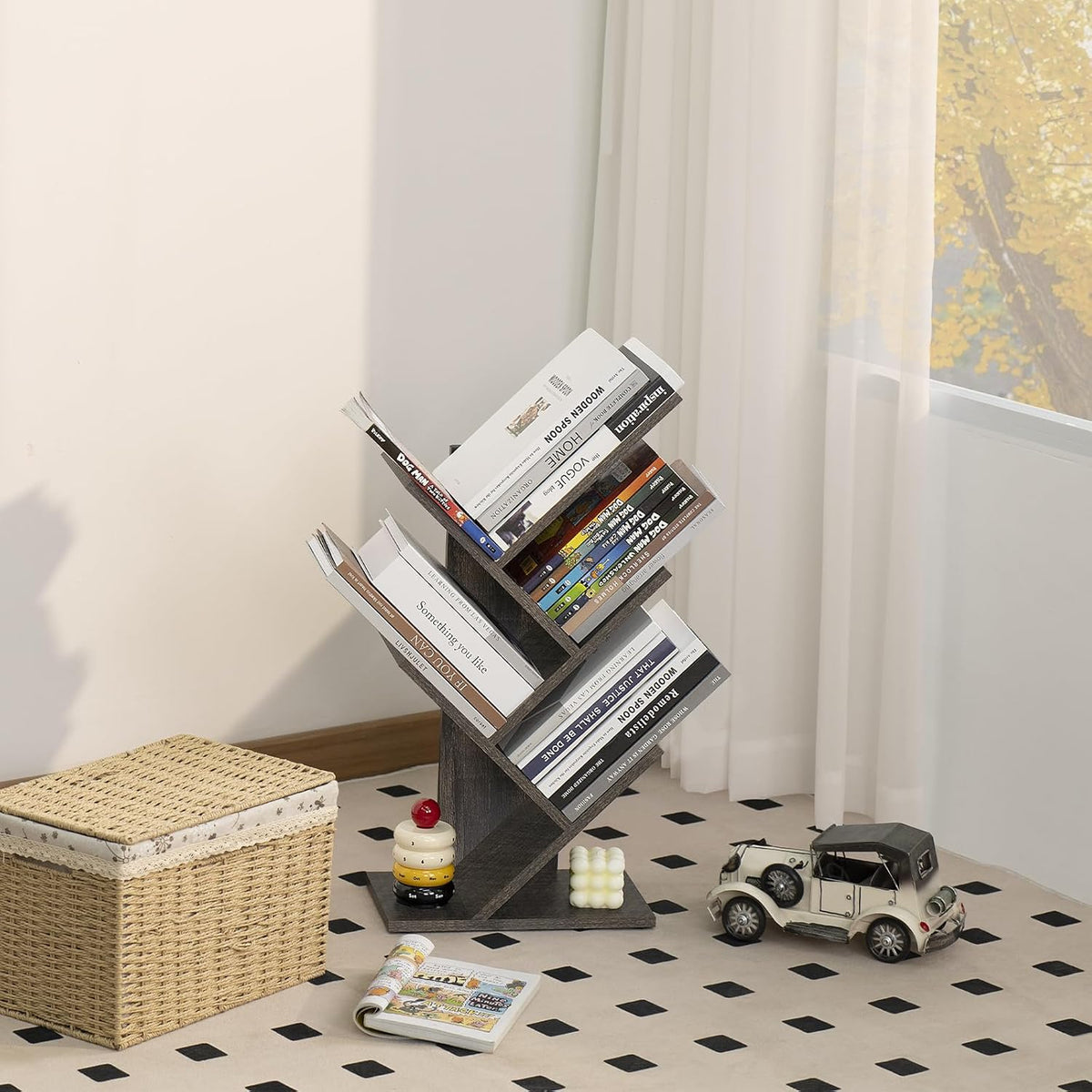 SHEEPAM Small Tree Book Shelf,5 Tier Bookshelf, Wood Desktop Bookcase