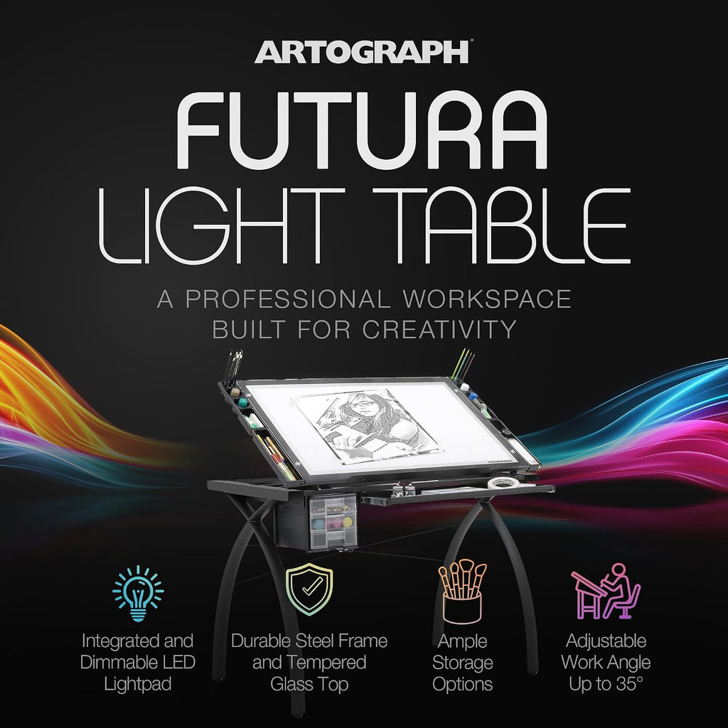 Artograph Futura Light Tracing Table for Artists with Storage and Adjustable Stand, Dimmable Night Glass Work Top