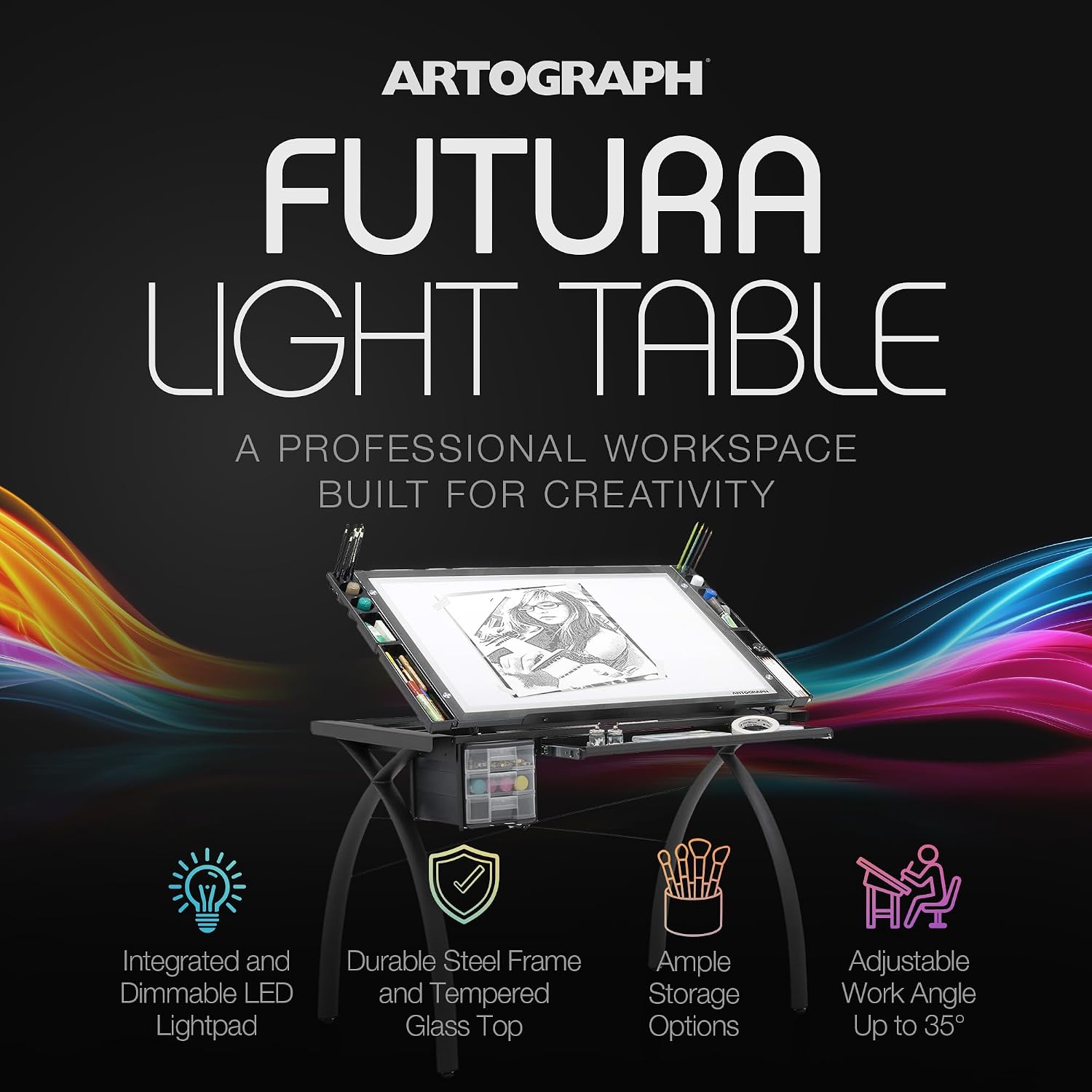 Artograph Futura Light Tracing Table for Artists with Storage and Adjustable Stand, Dimmable Night Glass Work Top