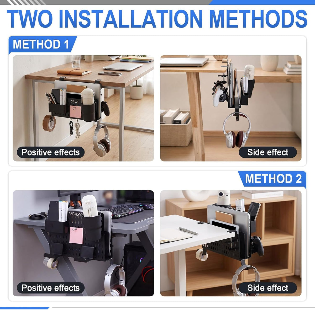 Desk Side Storage Organizer Set Fits Edge 0.2-2.2",Double,Black