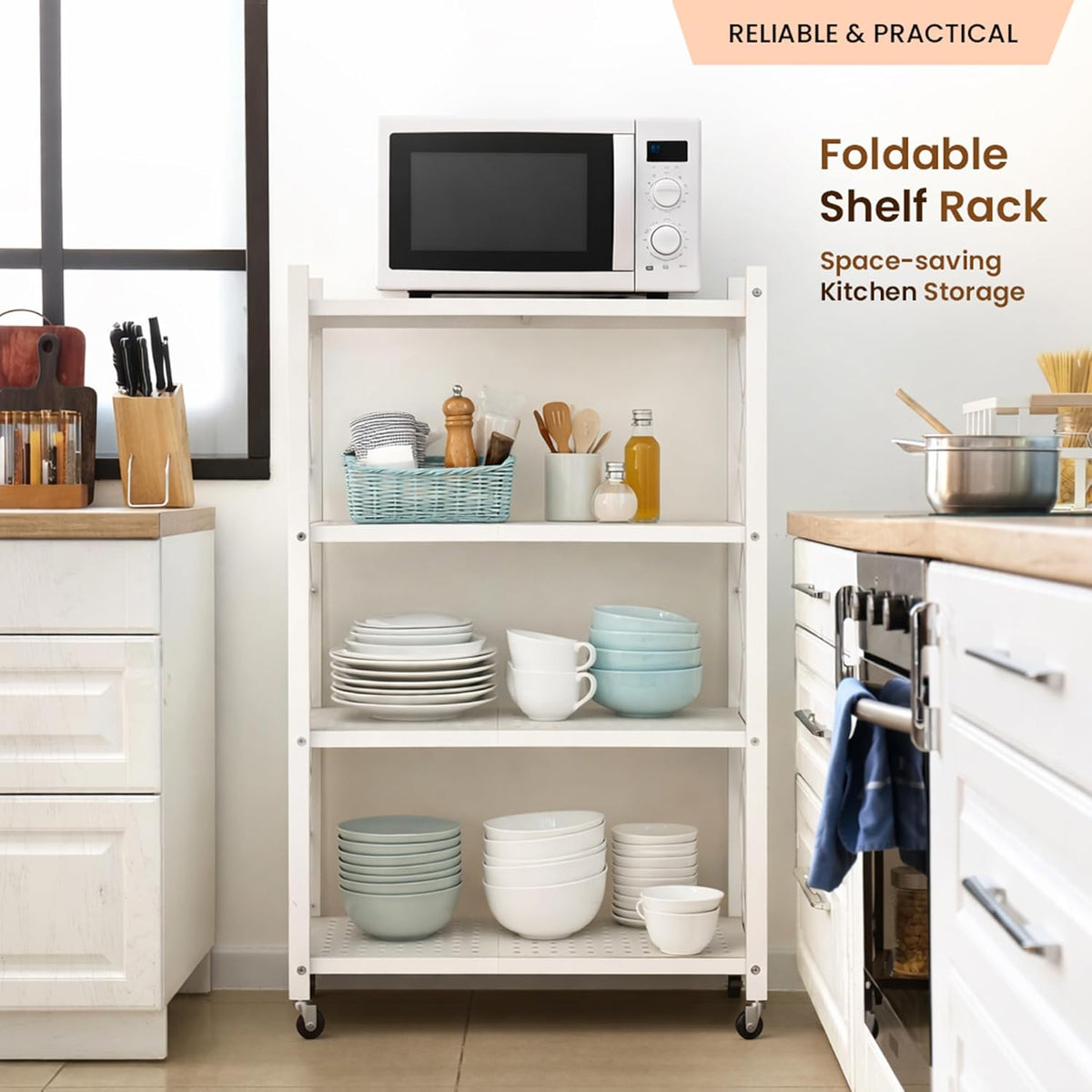 Our Modern Space 4-Tier Foldable Storage Shelf with Wheels | Metal Rack Colla...