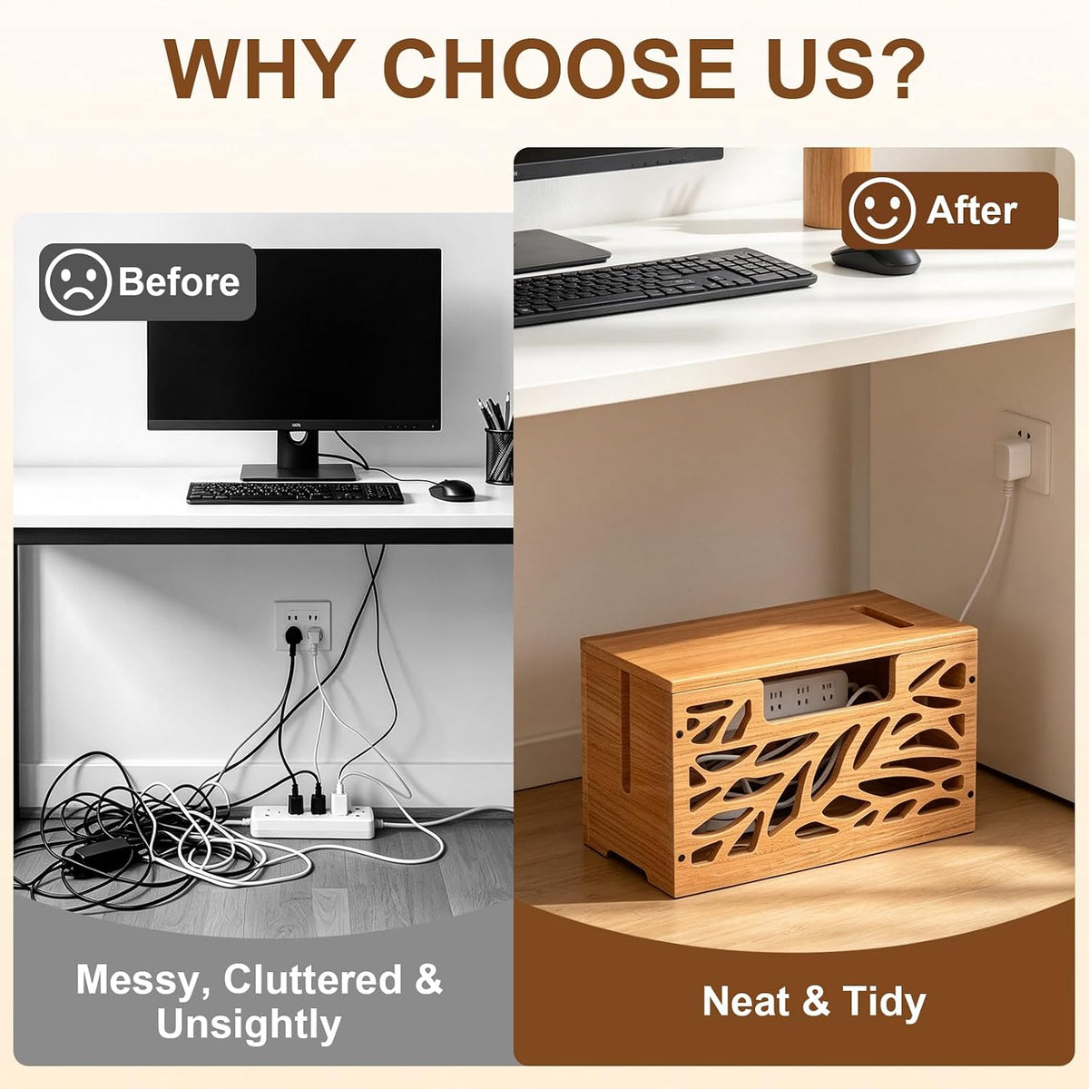Large Cable Management Box, Wooden Cord Hider Box for Power Strip