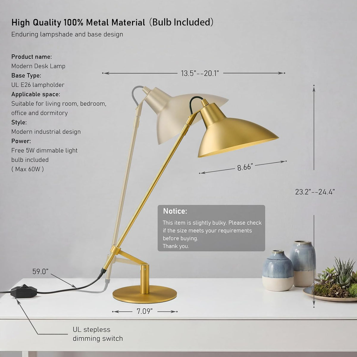 Desk Lamp Modern Industrial 100% Metal Adjustable Table Lamp 24", Natura...