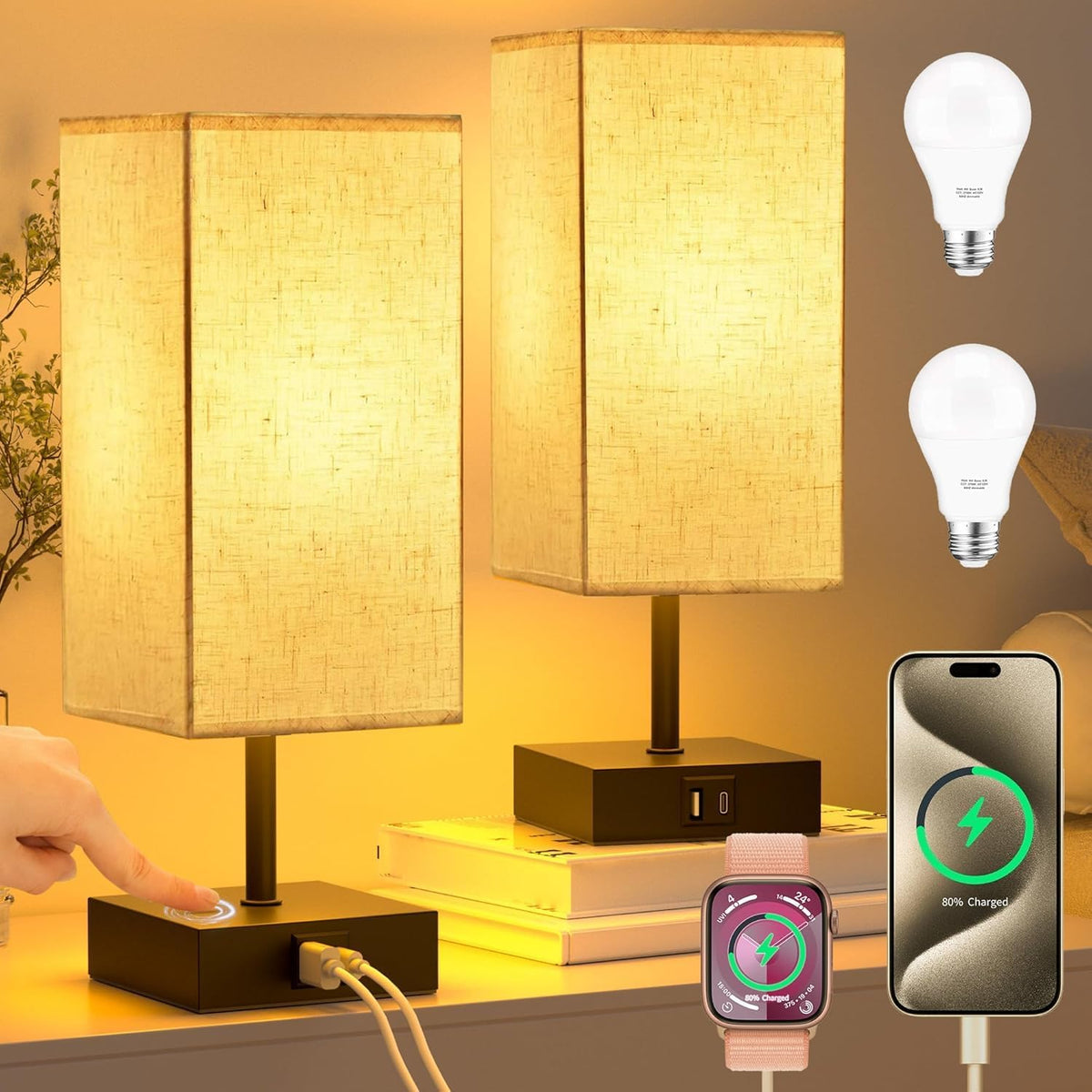 Bedside Table Lamps for Bedroom Touch Nightstand Lamp with USB C+A