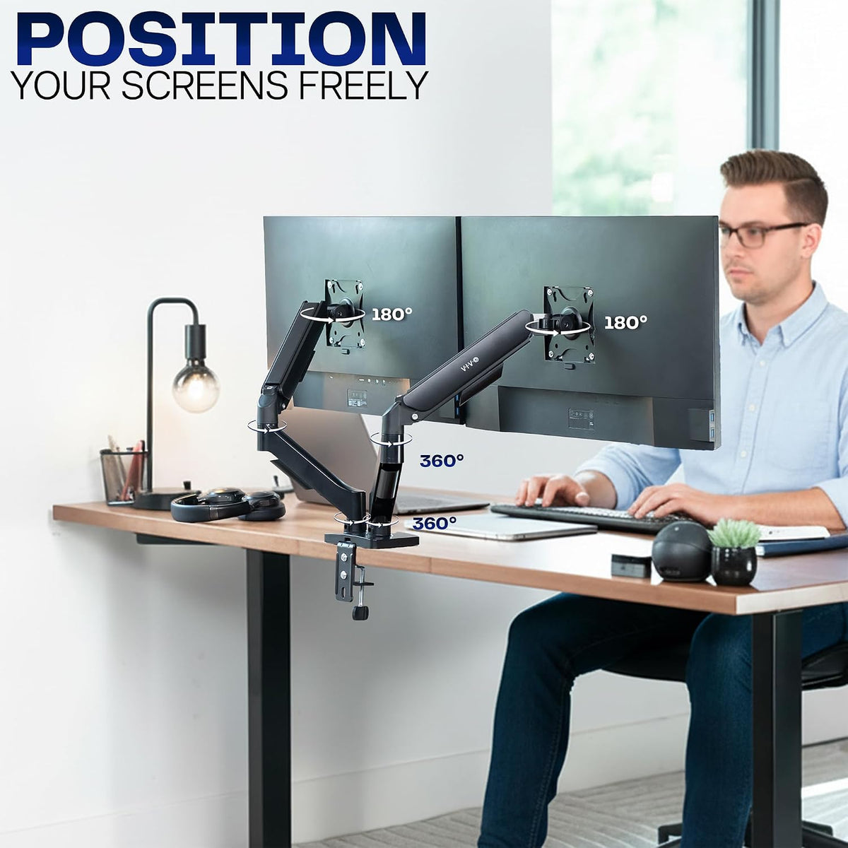 vivo dual monitor stand, fully adjustable arms for showing dimensions
