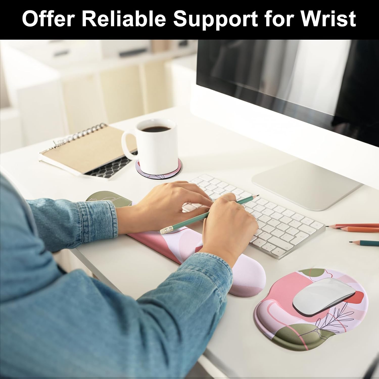 Keyboard Wrist Rest Mouse Pad with Wrist Support, Gaming Mousepad with Non-Slip Base, Ergonomic Mouse Wrist Arm Cushion Support for Home Office Laptop Computer, Easy Typing Pain Relief, Pink Flower