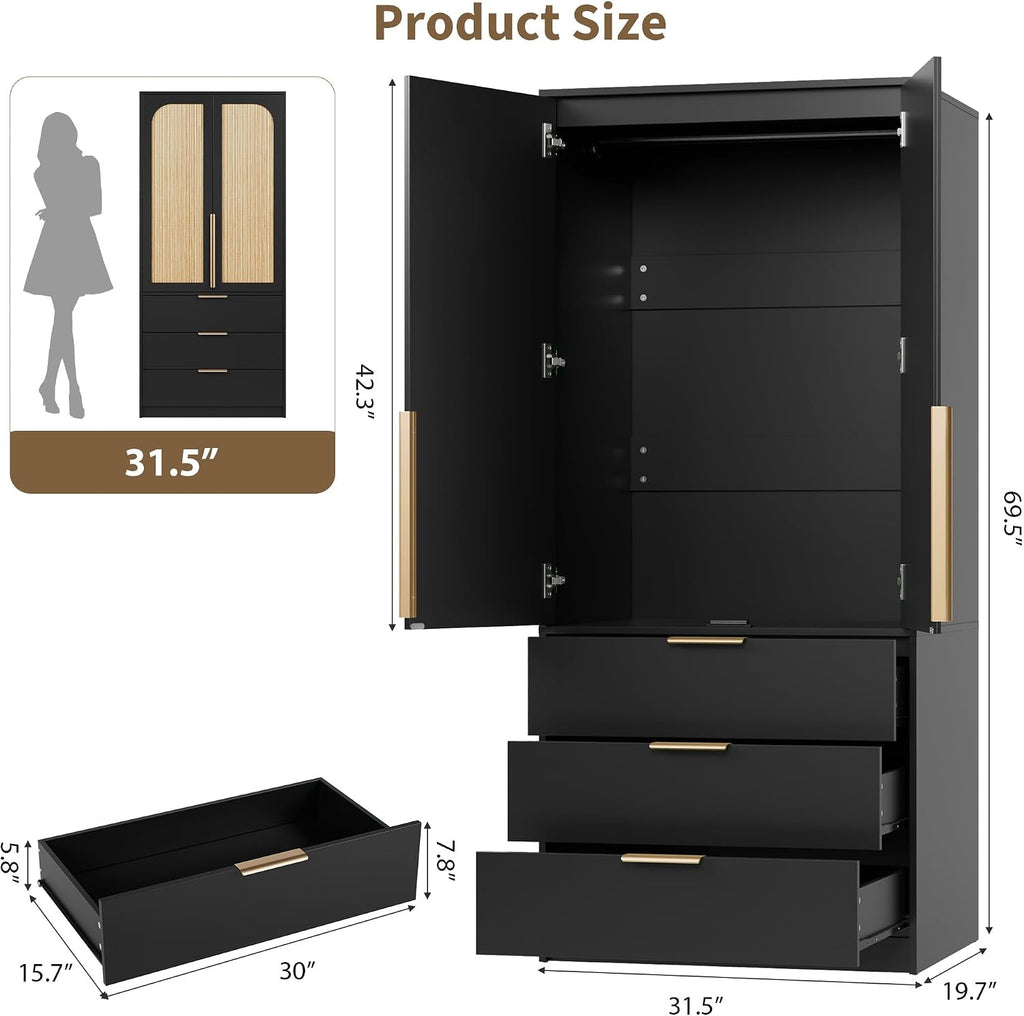 garveehome 70" wardrobe armoire wooden closet with 3 shown in use