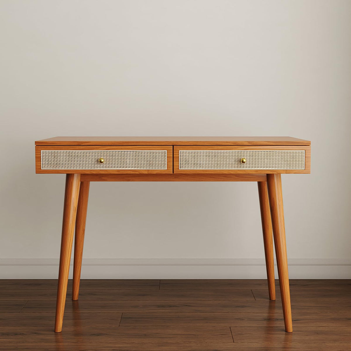 Mid-Century Modern Solid Wood Desk with Drawers – 45 inch Small Boho Rattan W...