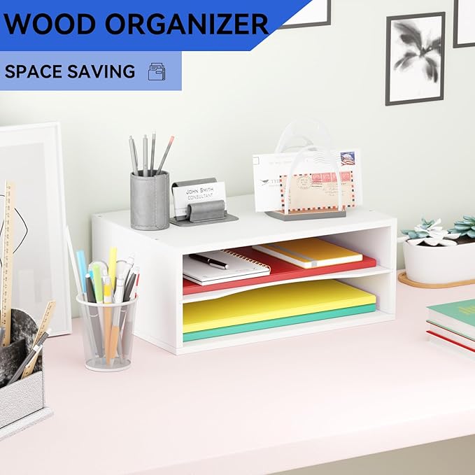 GDINDINFAN Wood Desktop Letter Tray File Organizer, Paper Storage Mail Sorter - Image 2