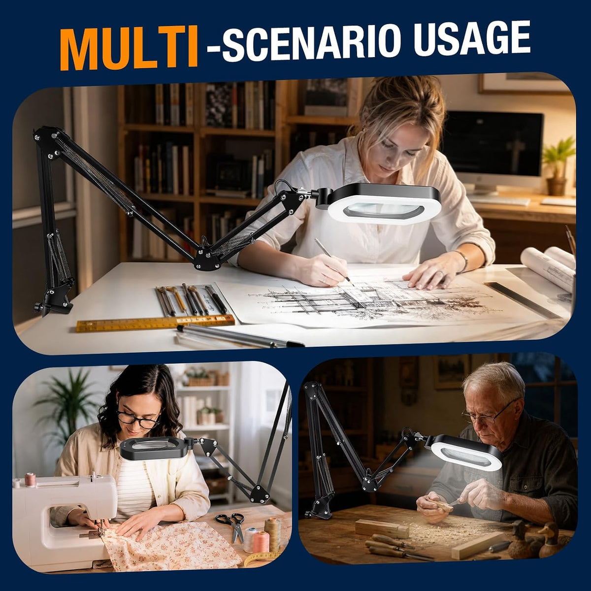 Magnifying Lamp with Light 12X, 3-Section Arm LED Desk Clamp Lamp (Black)
