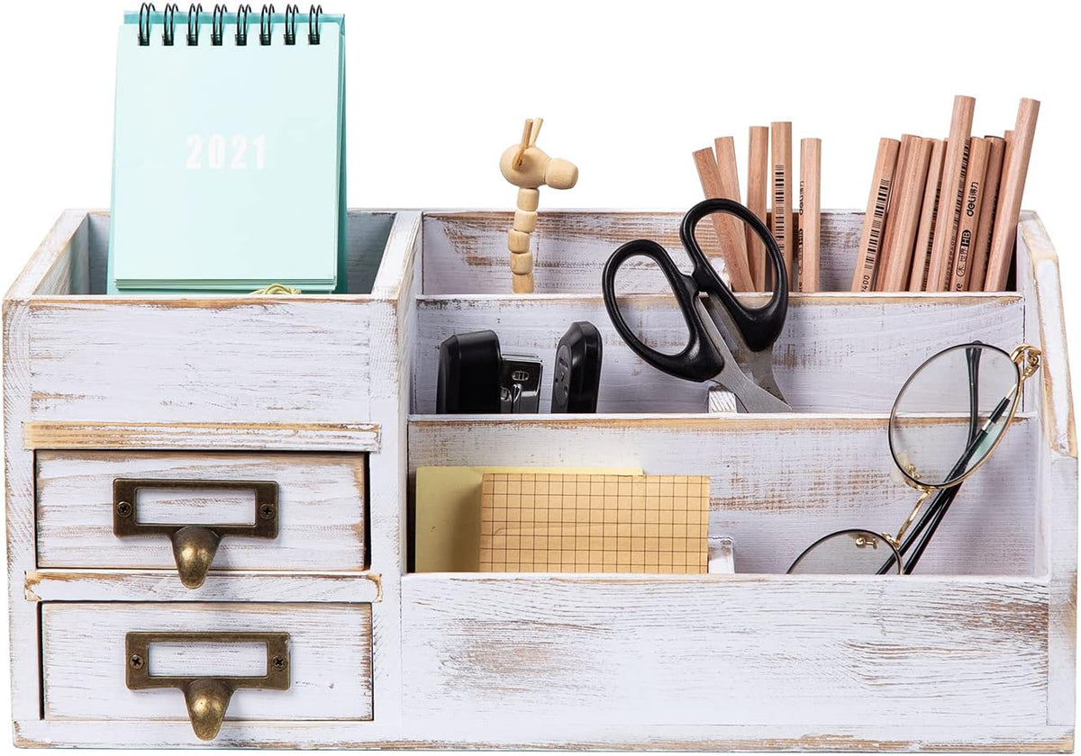 Distressed Rustic Wooden Office Desktop Organizer Shelf Tabletop Home Organiz...