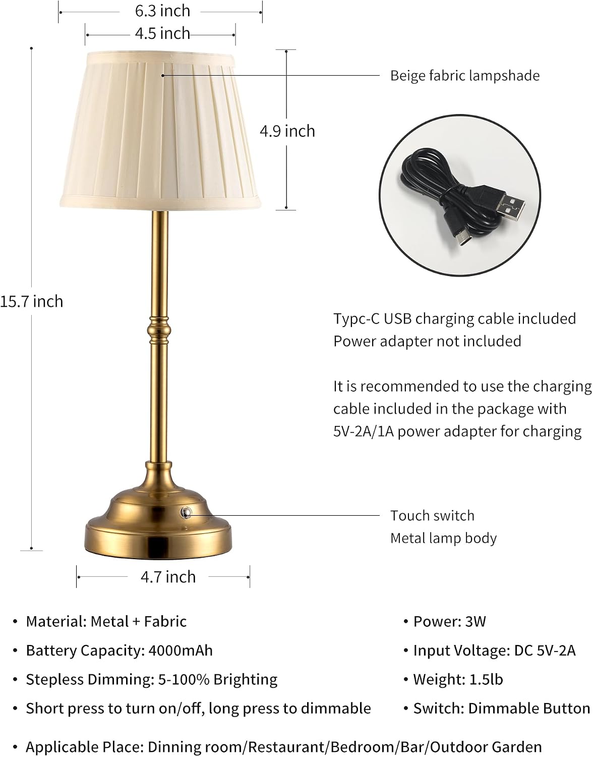 kdg gold cordless portable led table lamp, beige showing dimensions