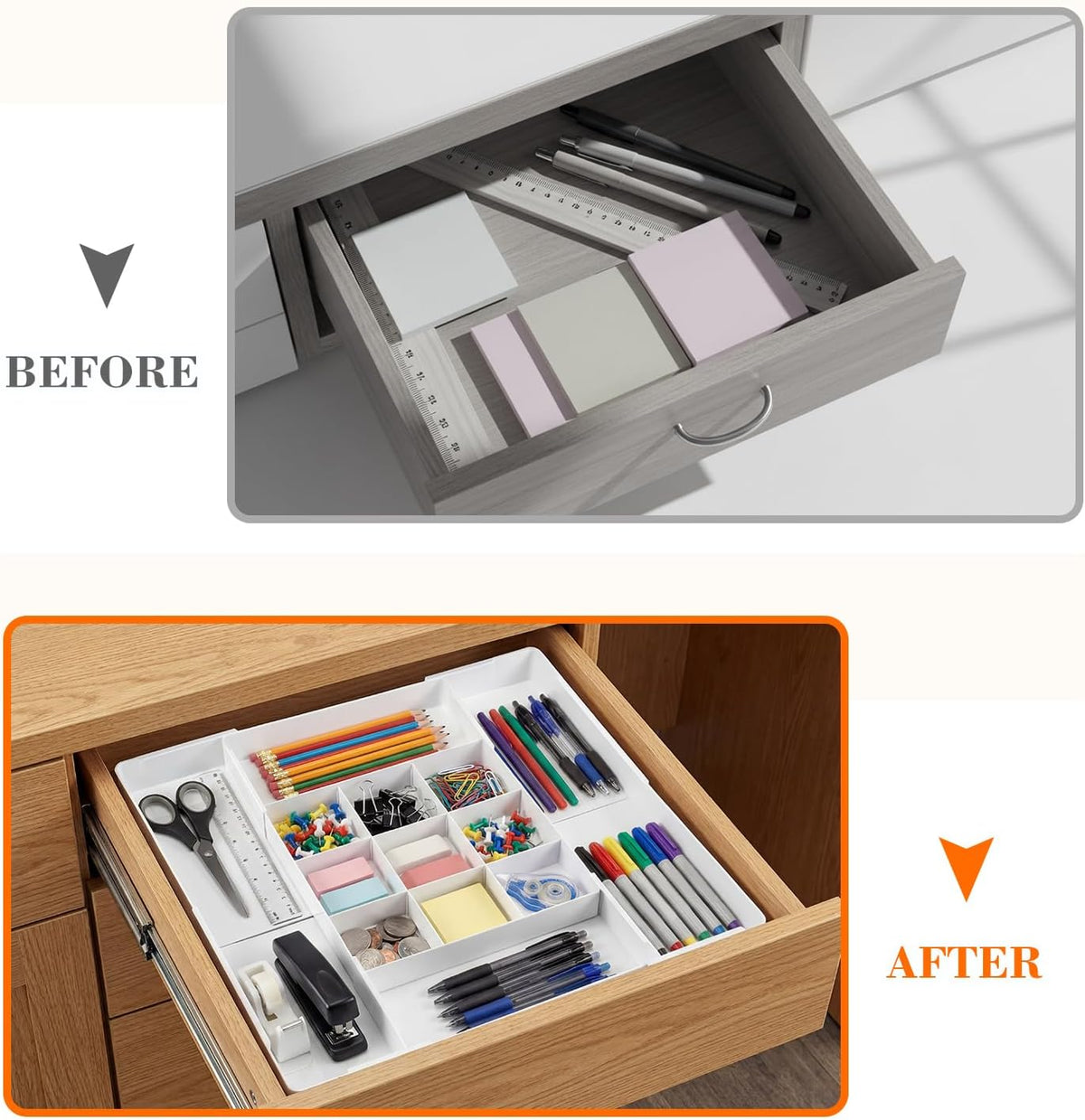 Briwooody 2 Pcs Expandable Drawer Organizer, White, 13 Compartments