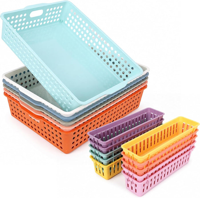16-Piece Macaron Classroom Storage Set: 6 Paper Bins & 10 Pencil Trays