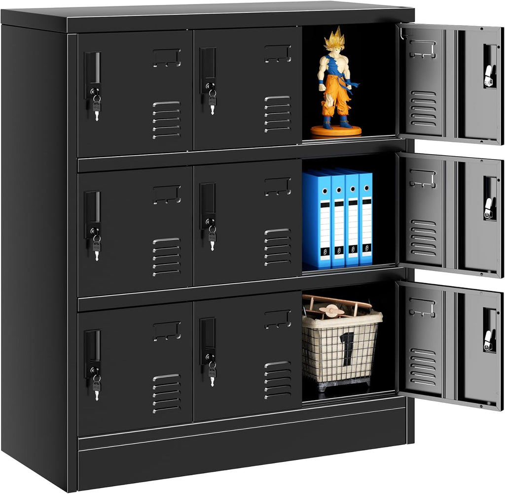 9 Door Metal Lockers for Employees, Black Lockable Steel Locker with Lock and Card Slot for Office, Gym, School, Home, Garage, Assembly Required