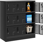 9 Door Metal Lockers for Employees, Black Lockable Steel Locker with Lock and Card Slot for Office, Gym, School, Home, Garage, Assembly Required