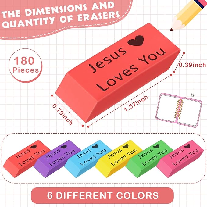 Yaomiao 180 Pcs Bulk Erasers for Kids Pencil Beveled Erasers Colorful Christian - Image 2