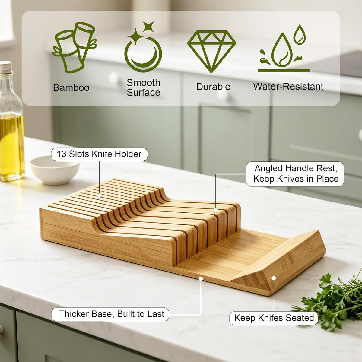Bamboo Kitchen Drawer Knife Block, In drawer Knife Holder, Knife Drawer Organ...