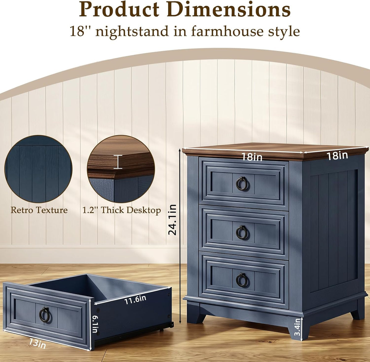 Joaxswe Farmhouse Nightstand, 18'' End Table with 3 Drawer Metal Handle