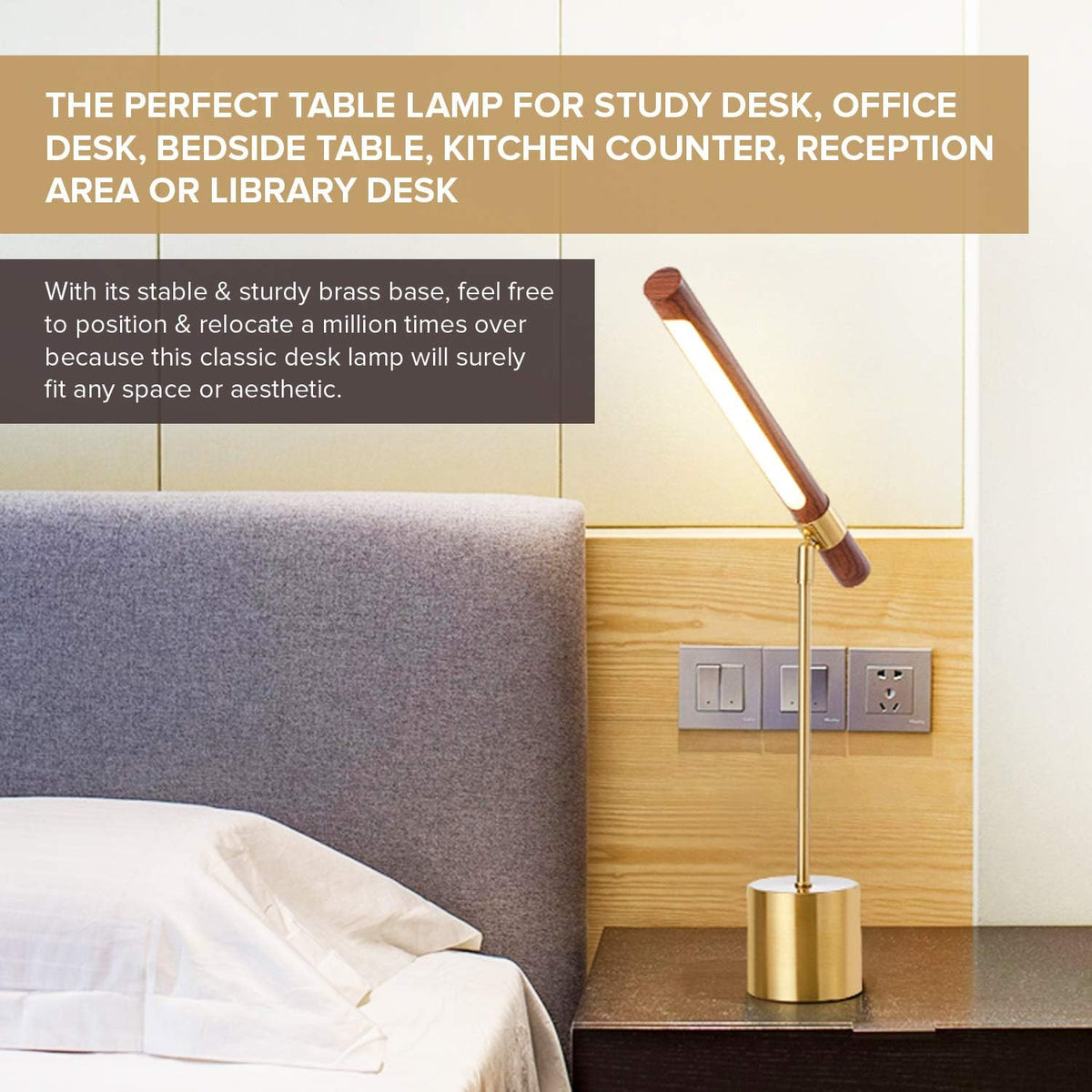 Modern Banker Slim Table Lamp - LED Desk Light - Wood Brass Lamp - Adjustable...