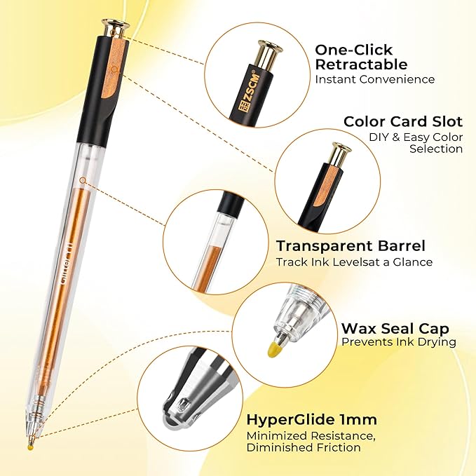 ZSCM Retractable Glitter Gel Pens, 12 Colors Large Capacity Yellow Glitter - Image 2