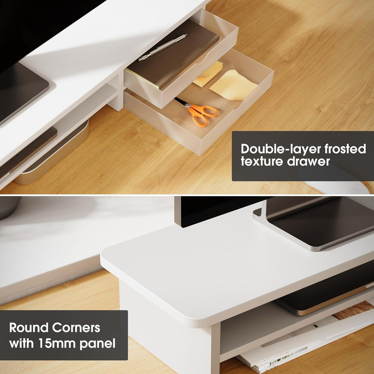 Fenge Monitor Stand, Desk Computer Riser with Frosted Storage Drawer, White