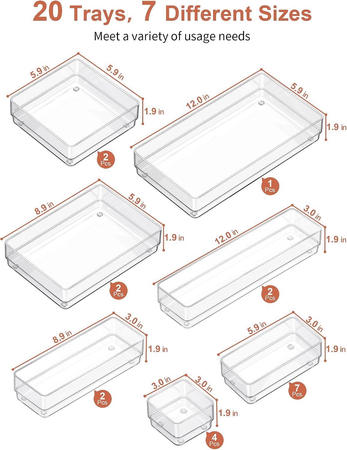 SMARTAKE 20-Piece Drawer Organizer with Non-Slip Silicone Pads, 7-Size