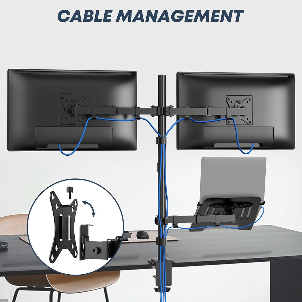 dual monitor stand and laptop mount, fits 32" on a desk or shelf