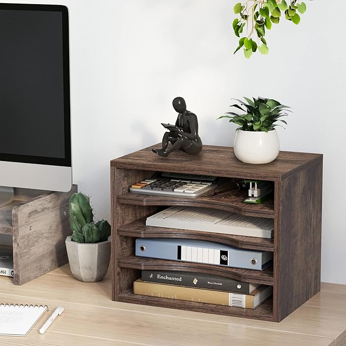 Snughome Vintage Wood File Organizer Desktop, 13.4’’ Document Letter Mail Tray - Image 2