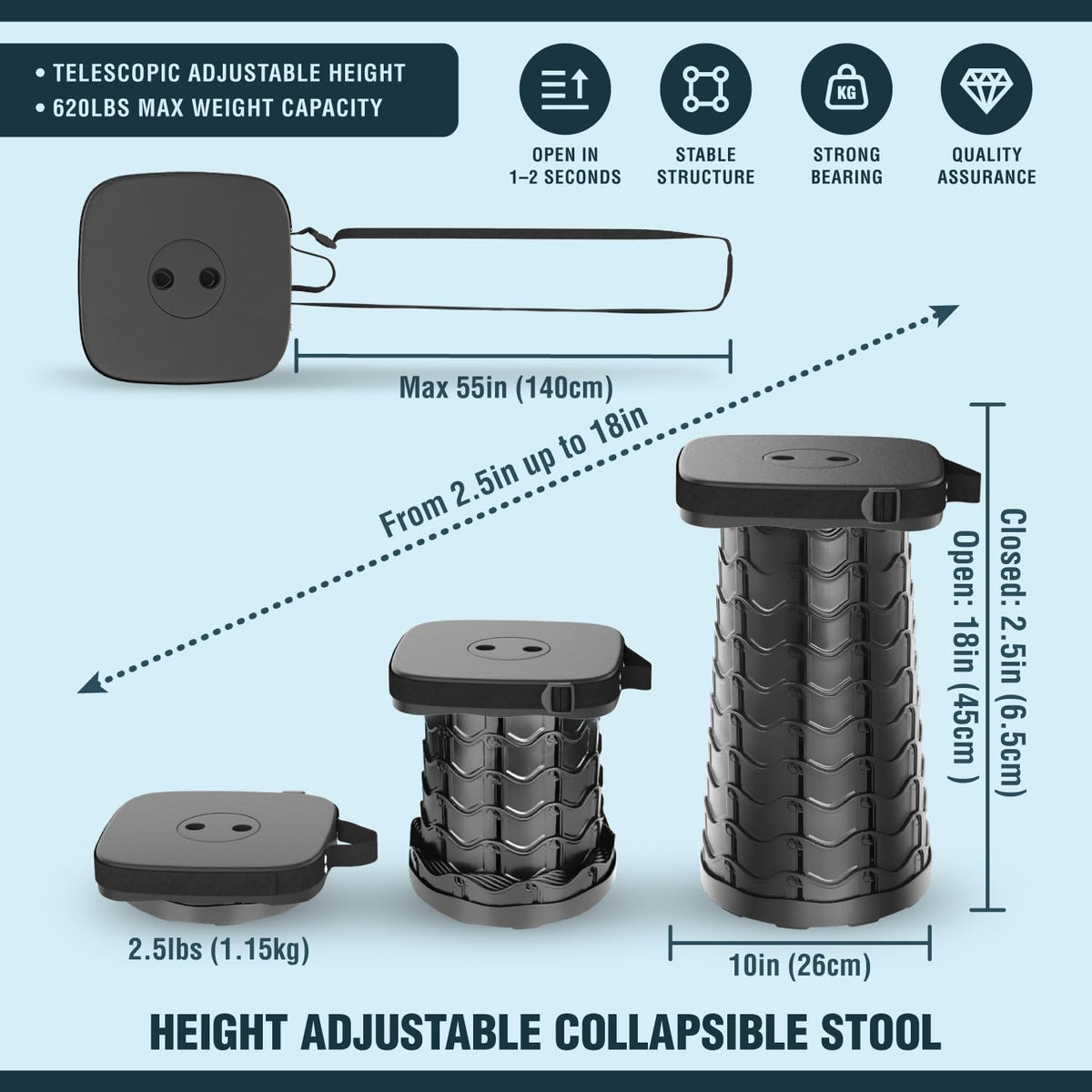 NUMANU Collapsible Stool for Adults, 3-in-1 Cushion + Bag, 620 lbs, Square