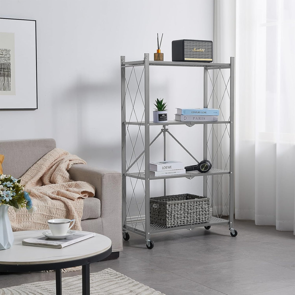 BRIAN & DANY 4-Tier Foldable Storage Shelves with Wheels, Folding Metal R...