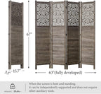 Svimi Folding Room Divider, 66.9 Inch 4 Panels Wood Carved Privacy Screens - Image 5