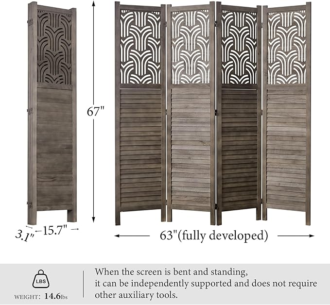 Svimi Folding Room Divider, 66.9 Inch 4 Panels Wood Carved Privacy Screens - Image 5