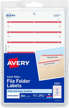 Avery File Folder Labels on 4" x 6" Sheets, Easy Peel, White/Red, Print & Handwrite, 2/3" x 3-7/16", 252 Labels (5201)
