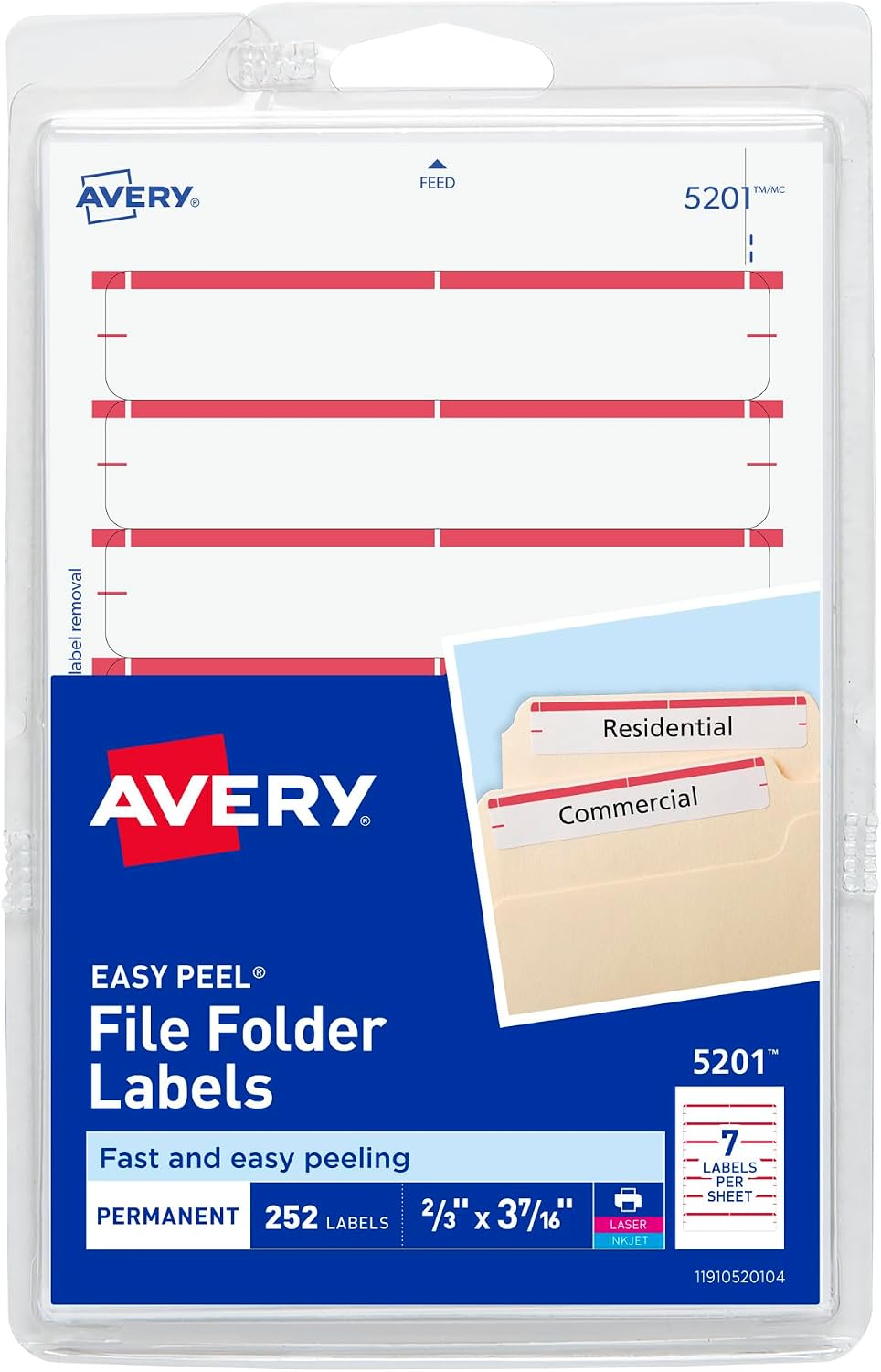 Avery File Folder Labels on 4" x 6" Sheets, Easy Peel, White/Red, Print & Handwrite, 2/3" x 3-7/16", 252 Labels (5201)