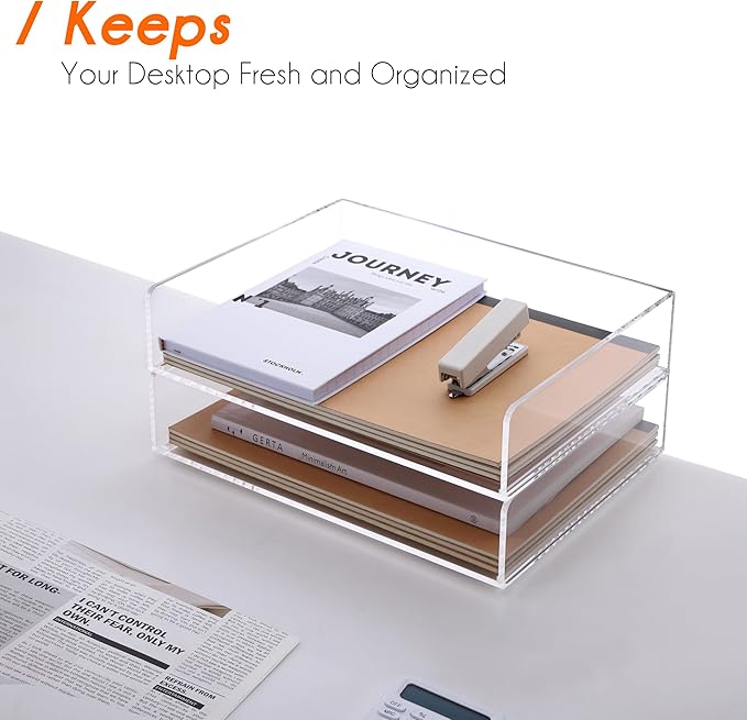 HeZone Paper Organizer, 2 Tier Stackable A4 Size Acrylic Letter Tray, - Image 4