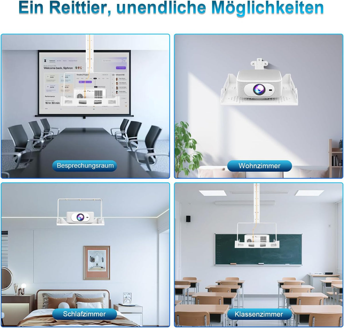 3 in 1 Projector Ceiling Mount with Tray, Height Adjustable, 90° Tilt