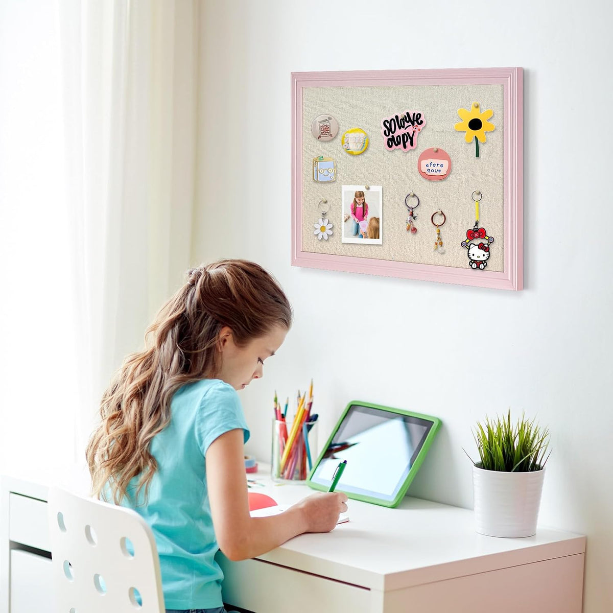 Large Pink Wood Framed Cork Board with Linen, 24" x 18"
