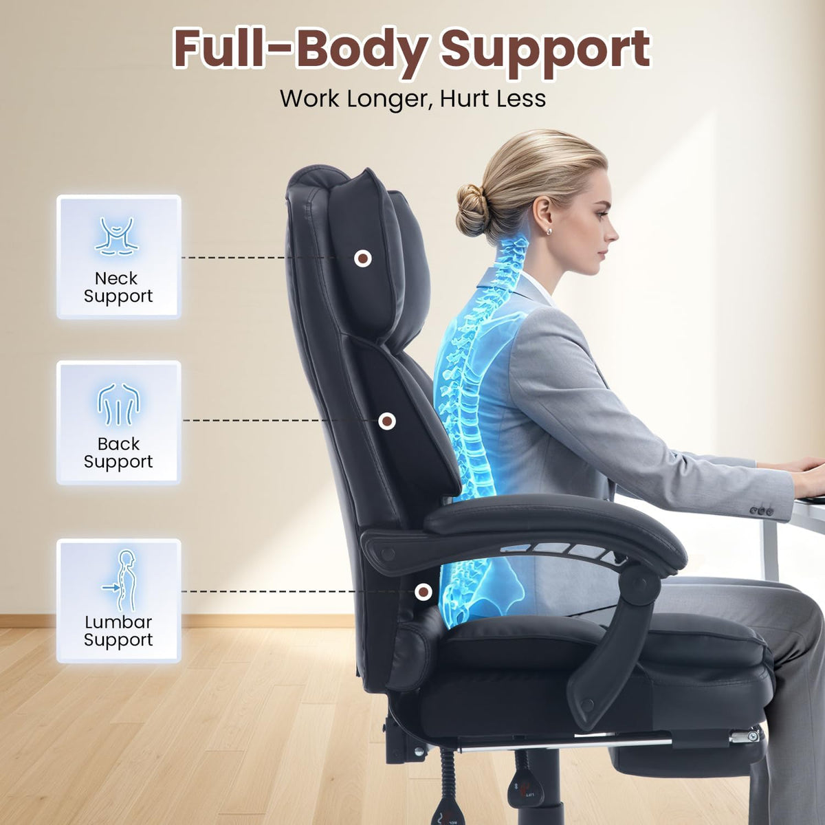 Big Reclining Ergonomic Office Chair with Footrest Black
