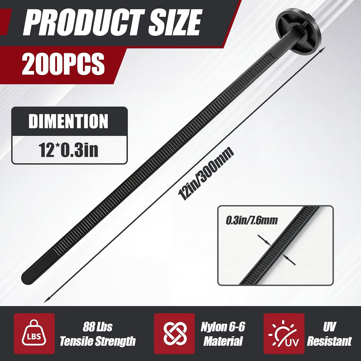 Reallnaive 200 Pcs 12 Inch 88lbs Buckle Cable Ties Automotive, Button Head