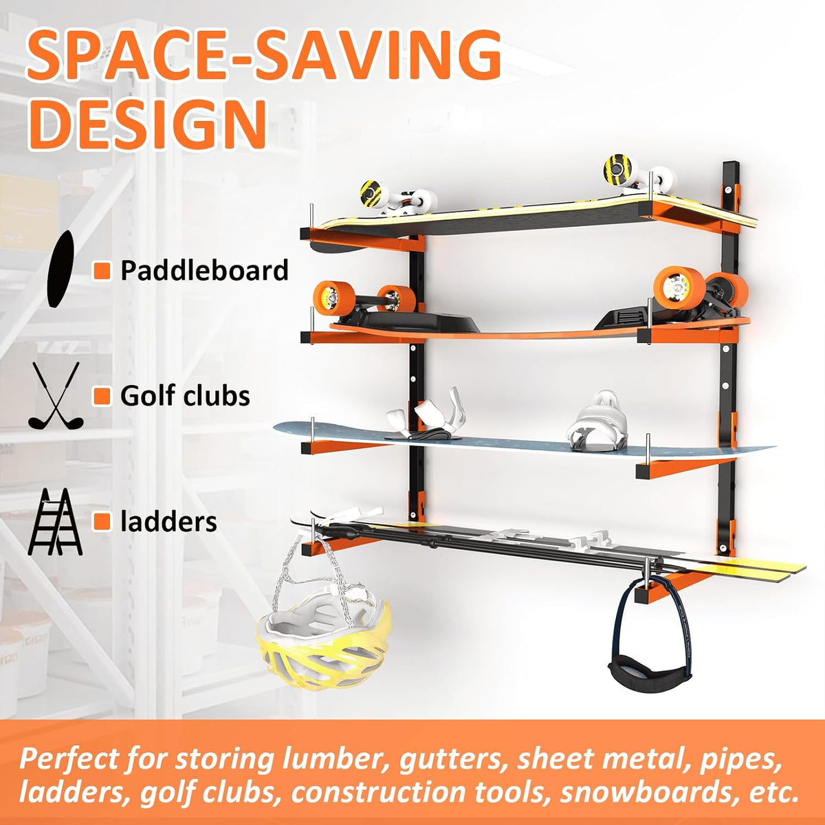 lumber storage rack, wall mount removable & adjustable, side view