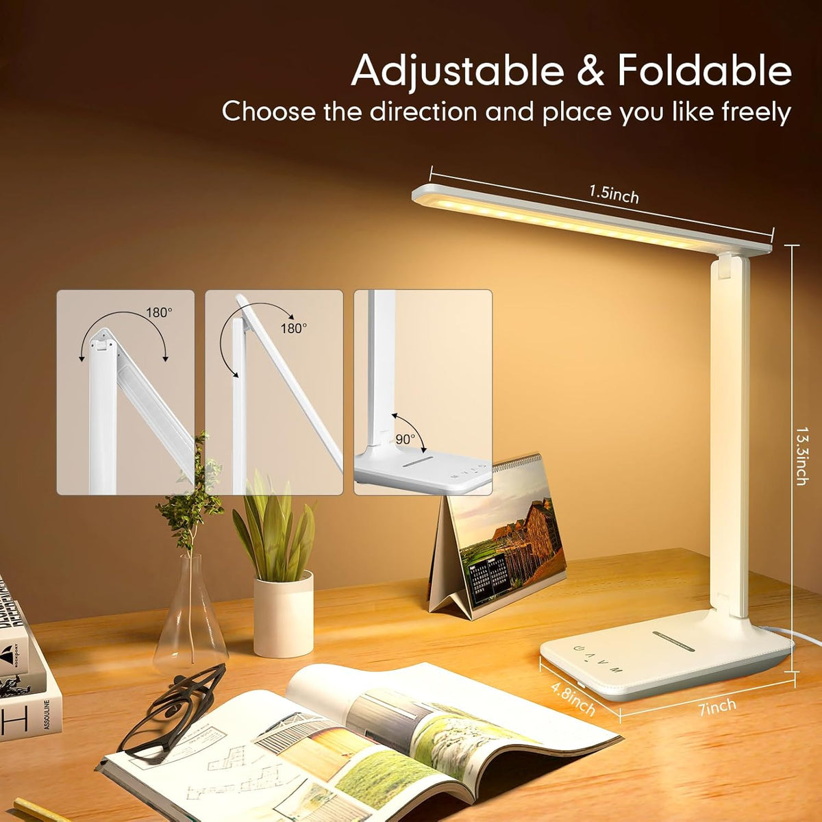White crown LED Desk Lamp with 15W Wireless Charger & USB Port, Dimmable ...