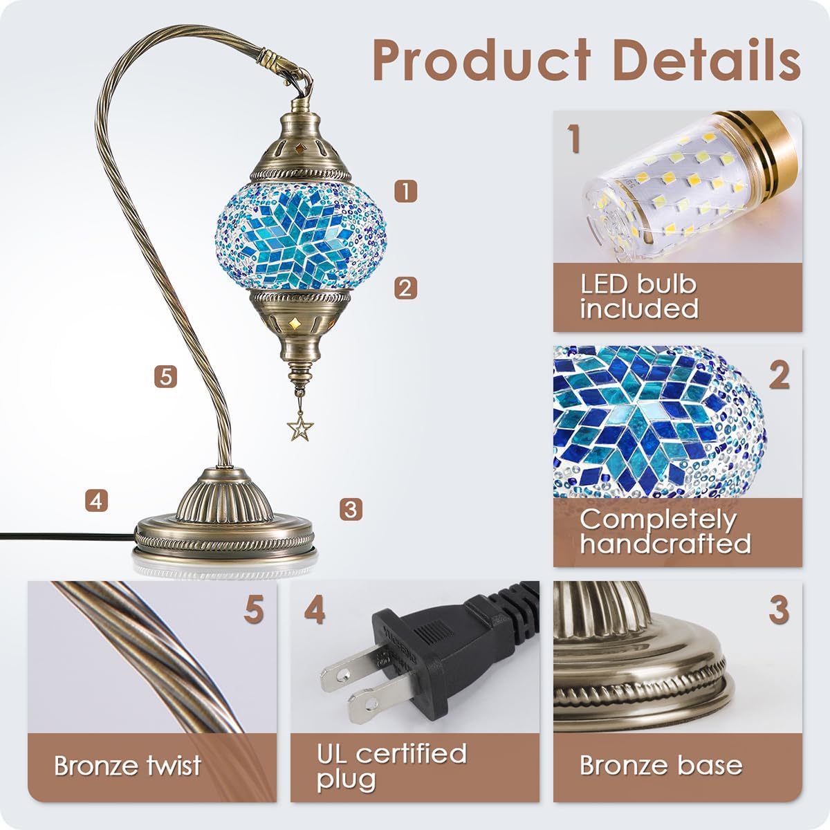 Yarra-Decor Turkish Moroccan Mosaic Glass Bedside Lamp (Blue2)