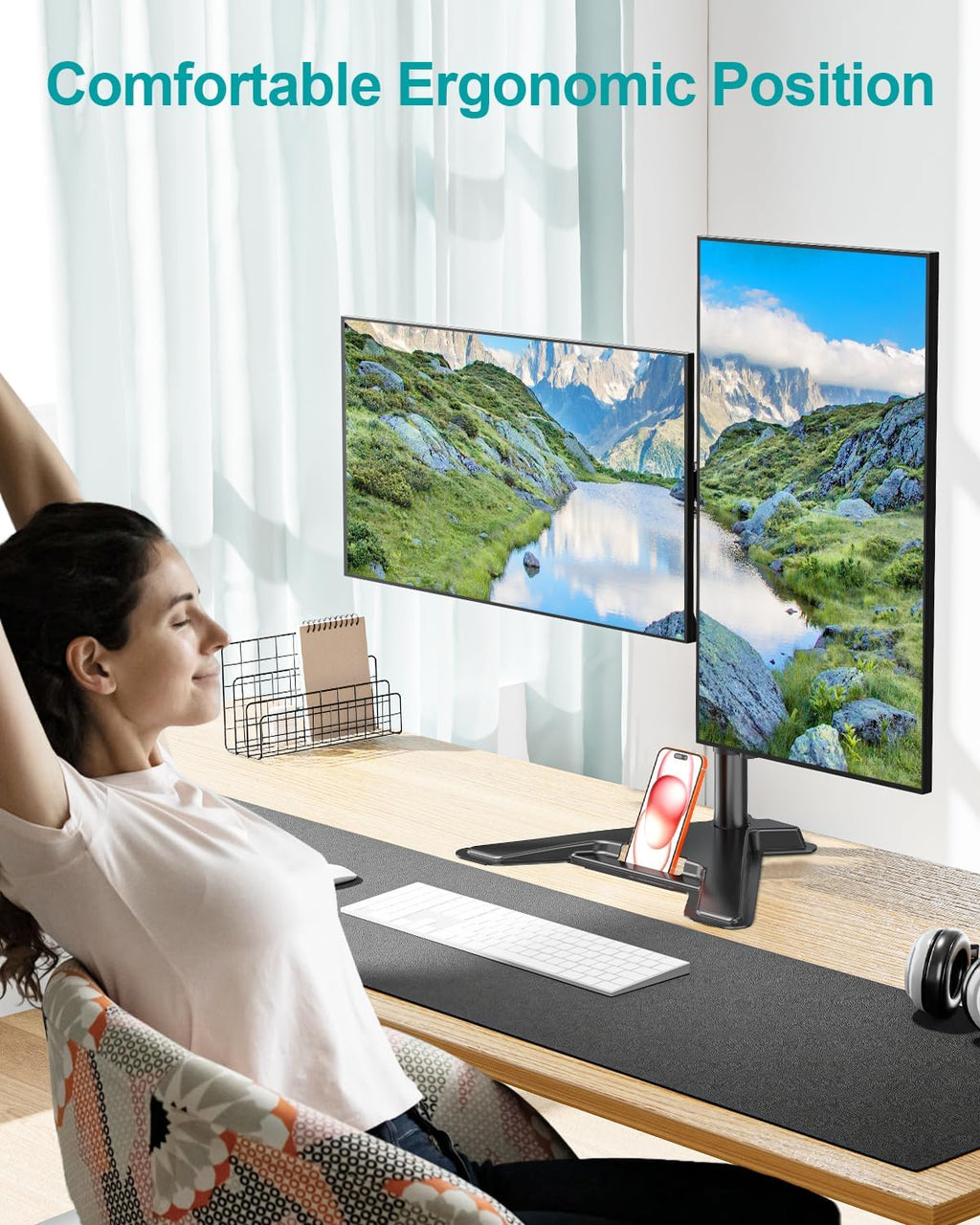 mount pro dual monitor stand, free-standing full motion showing dimensions