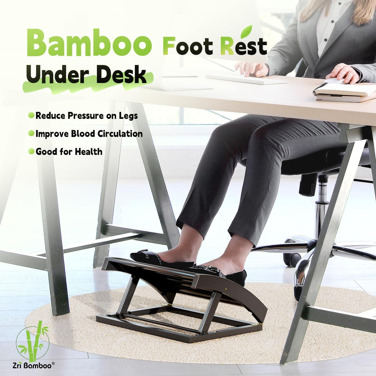 Foot Rest for Under Desk at Work - Adjustable Black Bamboo Footrest for Offic...