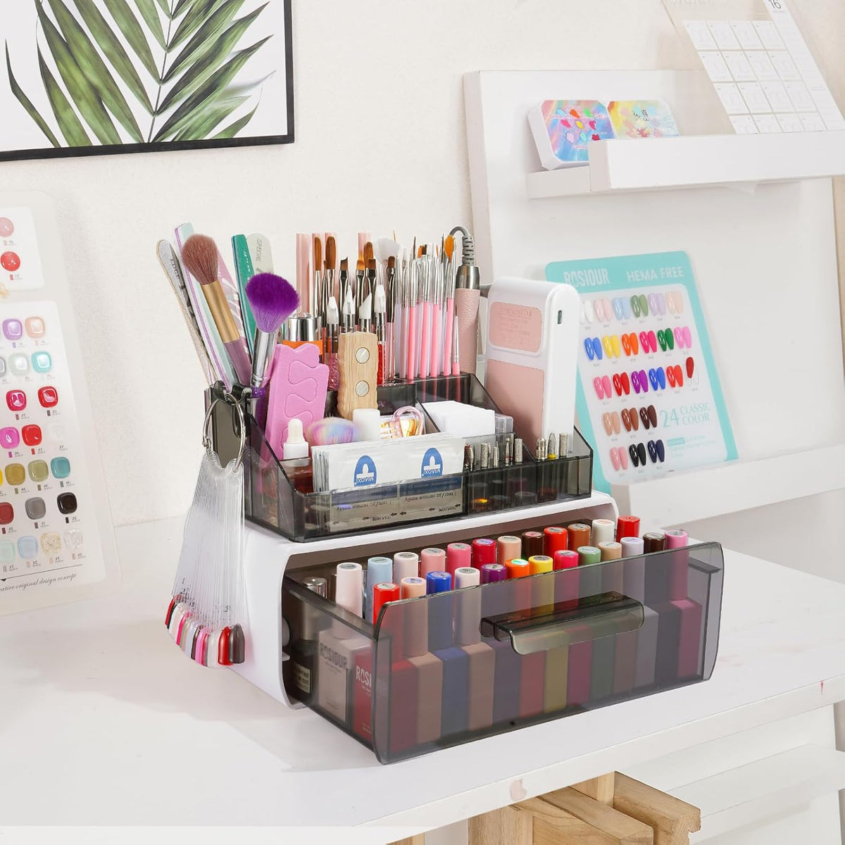 2-Tier Nail Tech Desk Organizer with Drawer for Polish, Brushes, Drill Bits