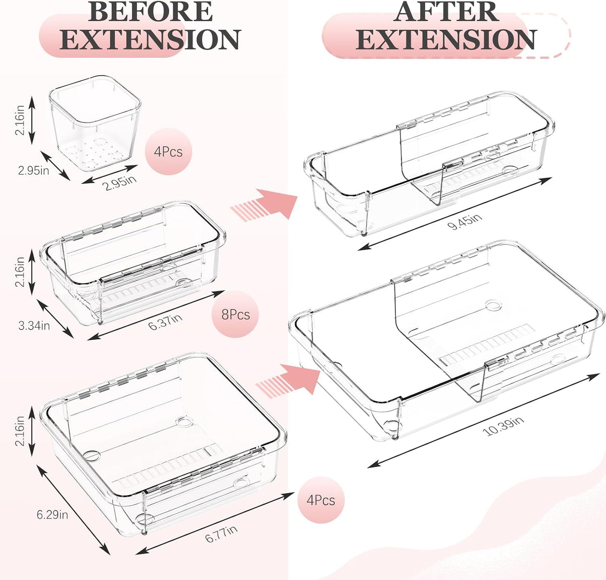 DILIBRA 16 Pcs Clear Extendable Drawer Organizer, 3-Size Adjustable
